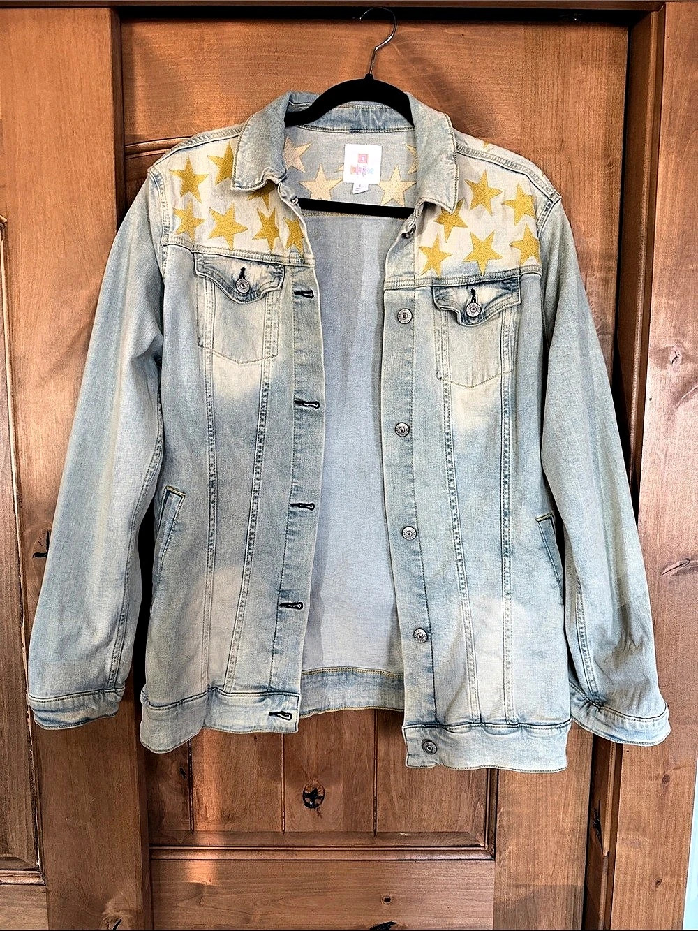 LuLaRoe Jaxon Denim Jacket with Star Accents Blue & Yellow